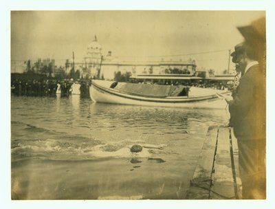 Horizontal Photograph of a Swimmer About to Reach the Finish Platform by Unbekannt Unbekannt